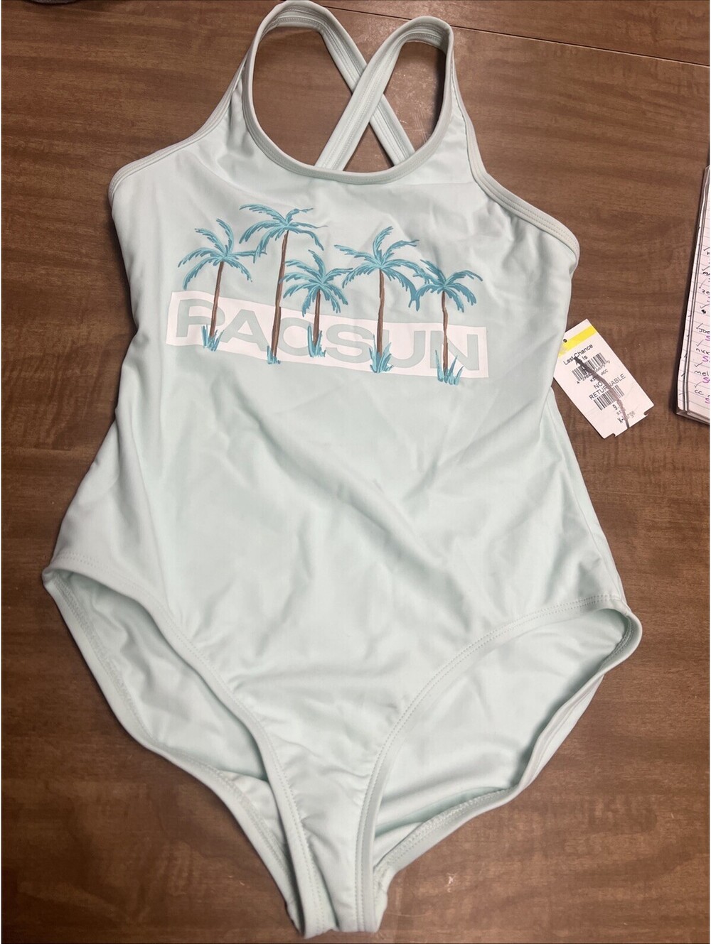 PacSun Kids Tank One Piece Logo and Palm Tree Swimsuit Size XL 12 Light Green